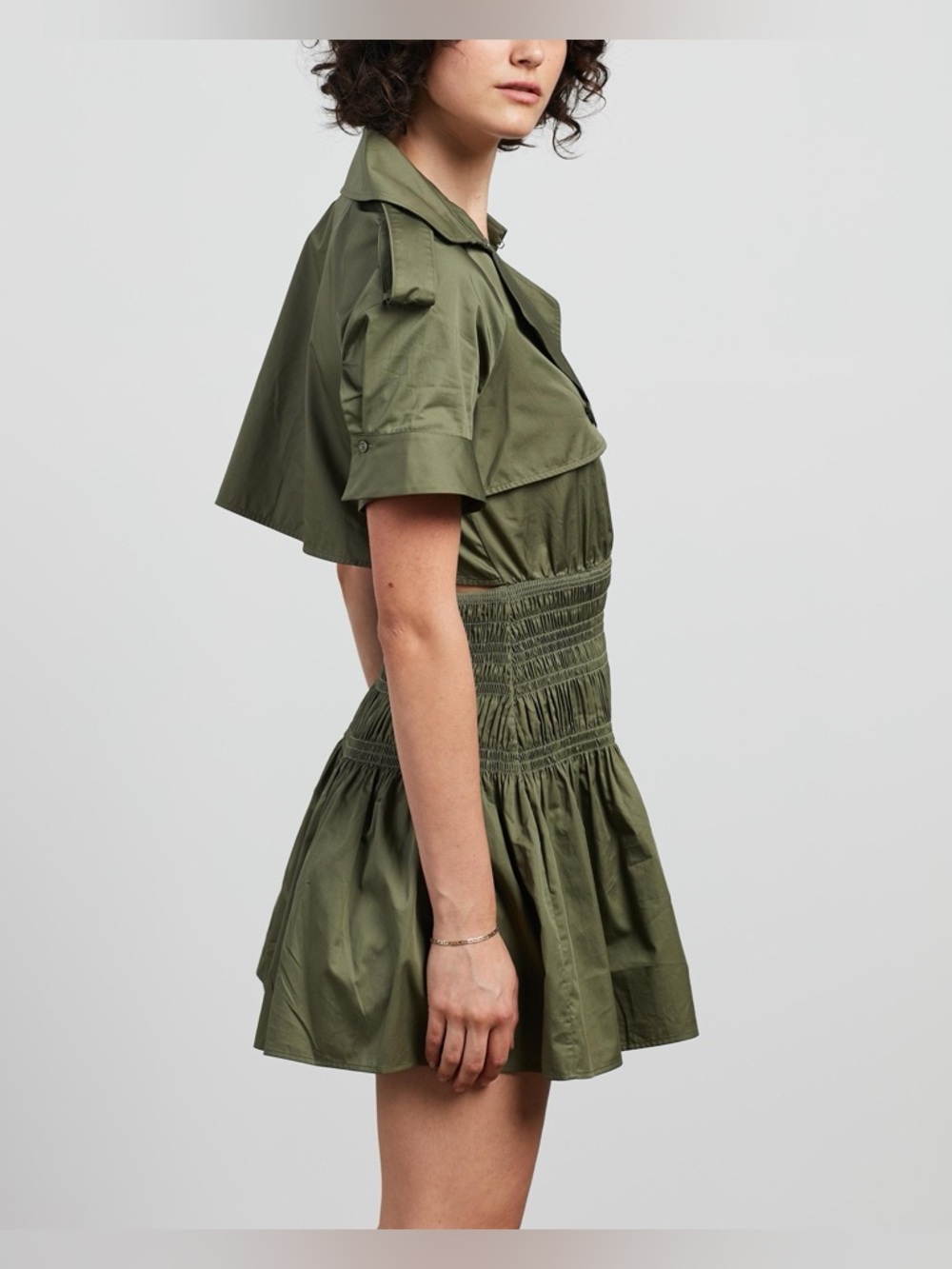 Self-Portrait Smocked Cotton Trench Mini Dress - Khaki Green - Size 4